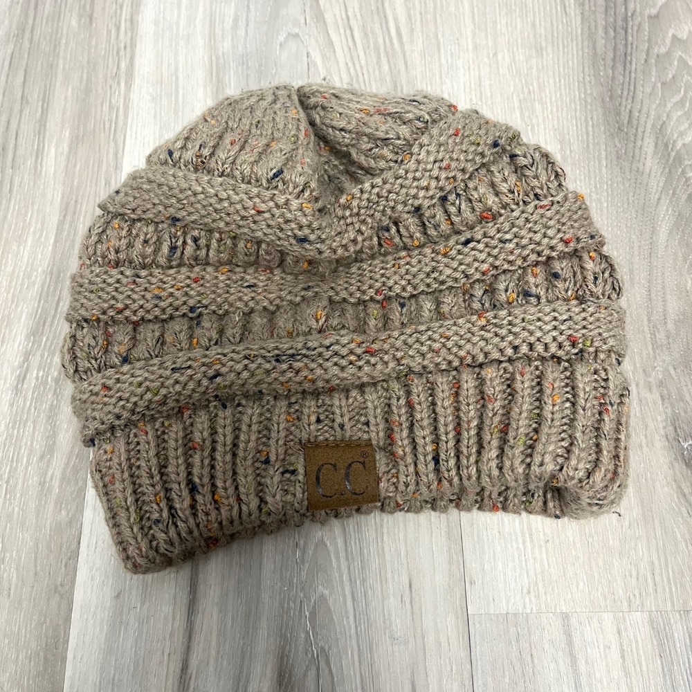 C.C Tan Confetti Speckled Knit Beanie Hat in One Size
